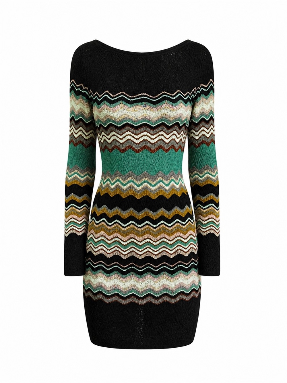 M by Missoni Scoop-Neck Chevron Stripe Sweater in Black, Mint & Mustard